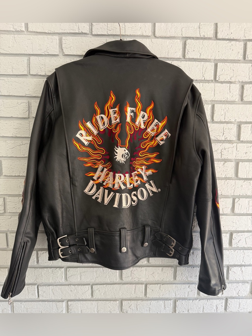Vintage Harley Davidson Leather Jacket 4XL Womenโs RIDE FREE Flaming Black